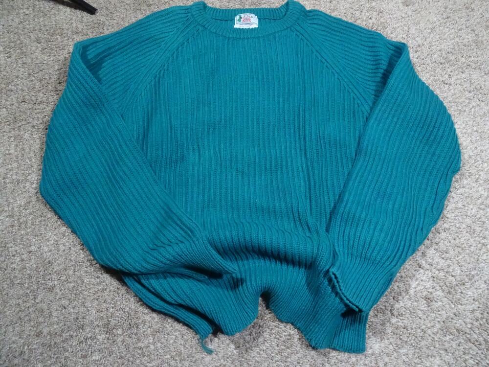 Vintage 80s Izod Ribbed Knit Crewneck Sweater Large Teal Distressed Grunge